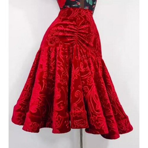 Women girls red flowers ballroom latin dance dresses salsa rumba chacha dancing costumes carnival stage performance skirts for lady